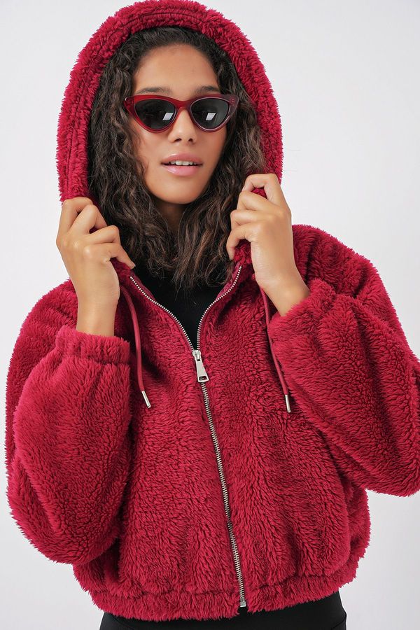 Bigdart Bigdart 5193 Hooded Plush Crop Jacket - Claret Red