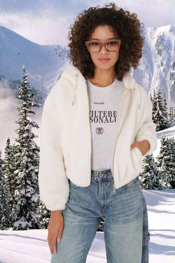 Bigdart Bigdart 5193 Hooded Plush Crop Jacket - Ecru