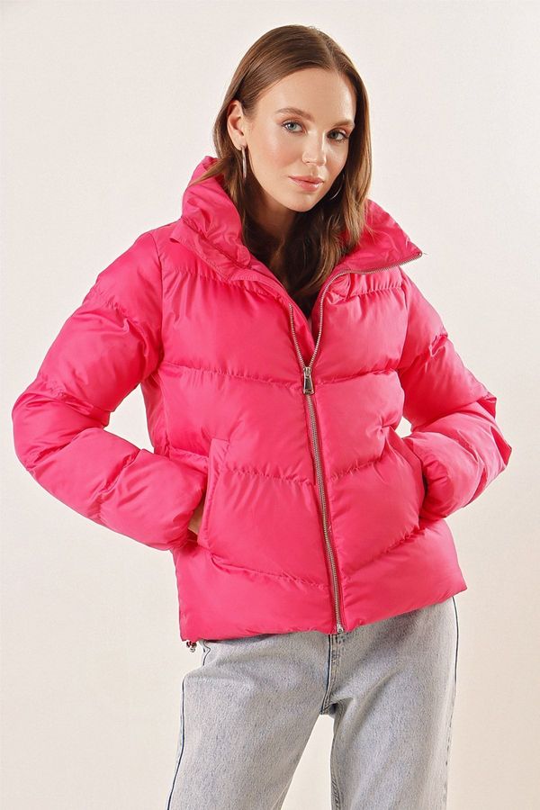 Bigdart Bigdart 5205 Stand Collar Zippered Puffer Jacket - Fuchsia