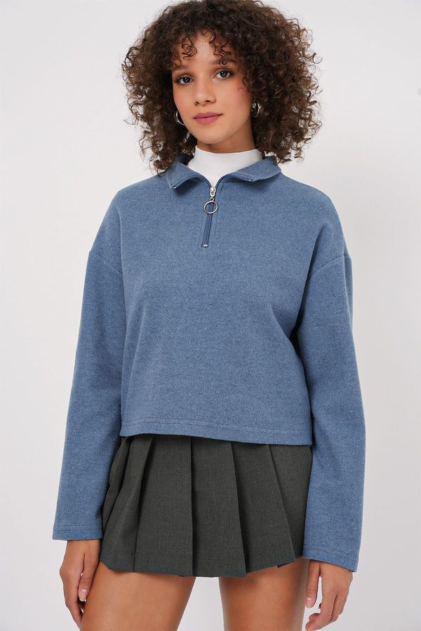 Bigdart Bigdart 55449 Zippered Collar Knitted Sweatshirt - Indigo