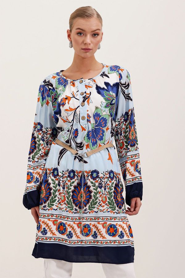 Bigdart Bigdart 5902 Belted Patterned Dress - Navy Blue