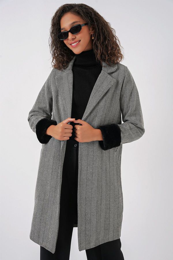 Bigdart Bigdart 9145 Women's Fish Back Cashew Coat with Feather Sleeves - Black