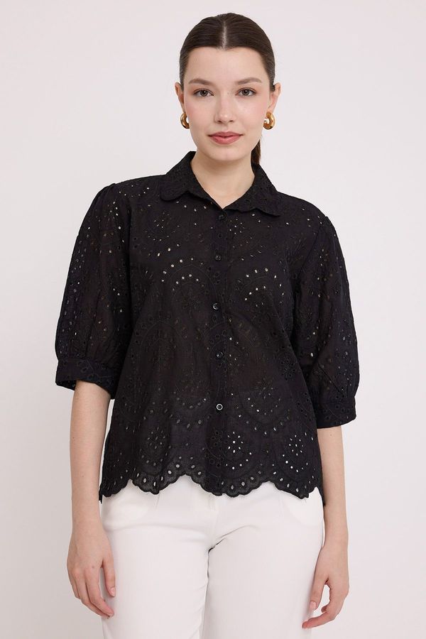 Bigdart Bigdart Women's Black Scalloped Short Sleeve Shirt 20241