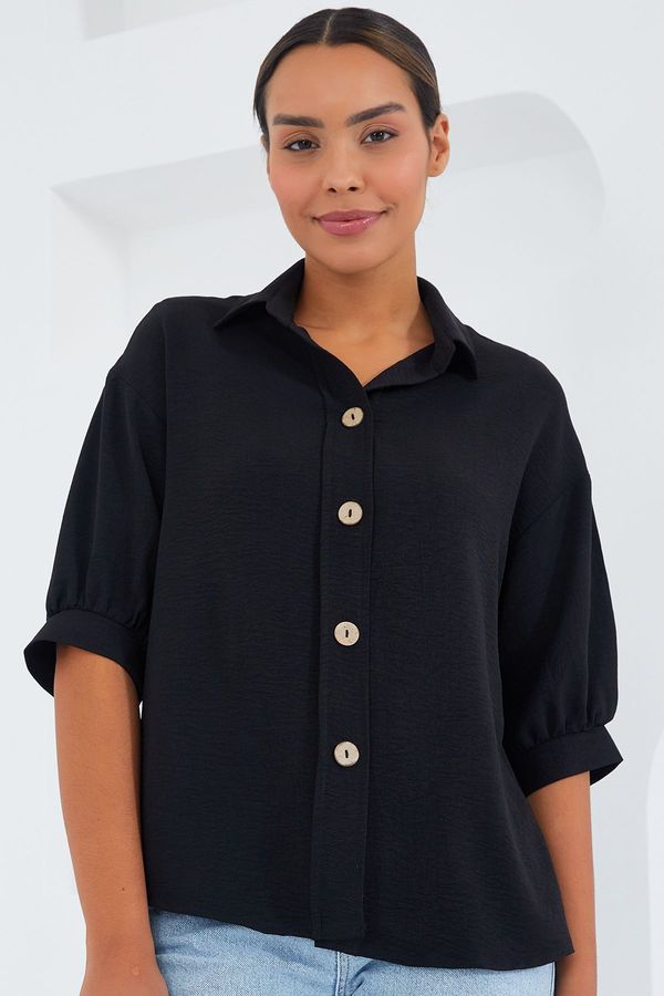 Bigdart Bigdart Women's Black Short Sleeve Oversize Linen Shirt 20240