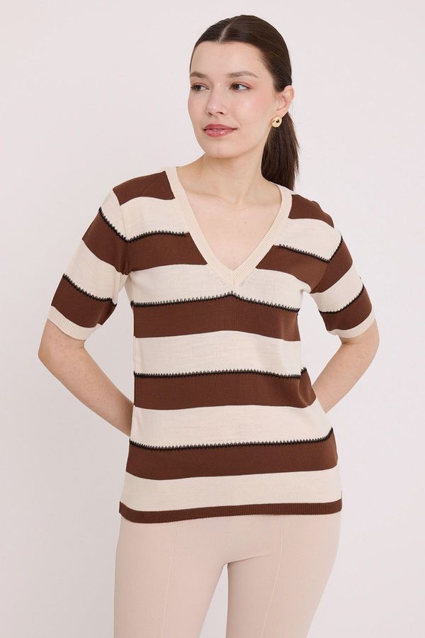 Bigdart Bigdart Women's Brown Cream Striped Short Sleeve Blouse 15869