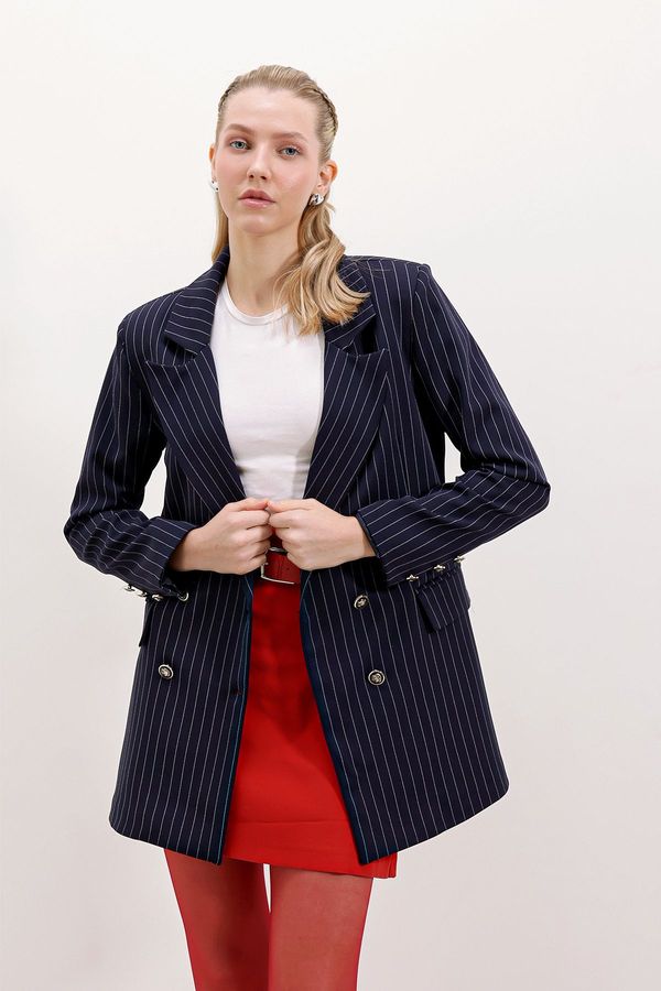 Bigdart Bigdart Women's Navy Blue Double Buttoned Striped Blazer Jacket 0699