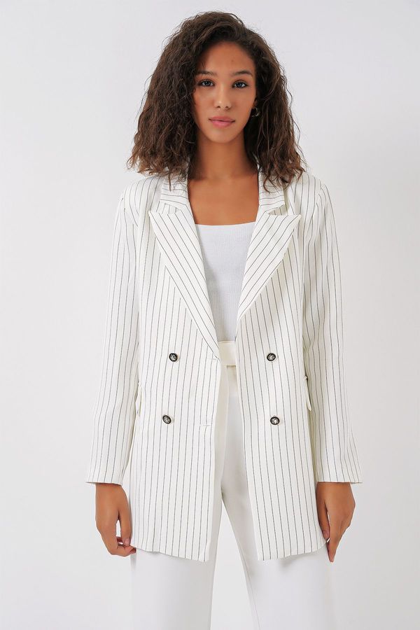 Bigdart Bigdart Women's White Double Buttoned Striped Blazer Jacket 0699