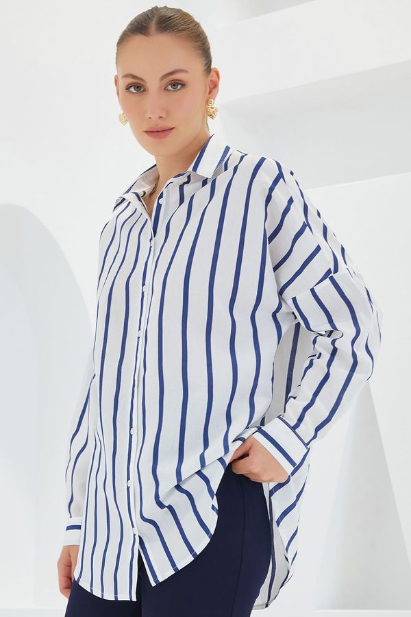 Bigdart Bigdart Women's White Navy Blue Striped Oversize Basic Shirt 20254