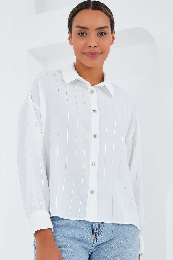 Bigdart Bigdart Women's White Silver Striped Shirt 5924