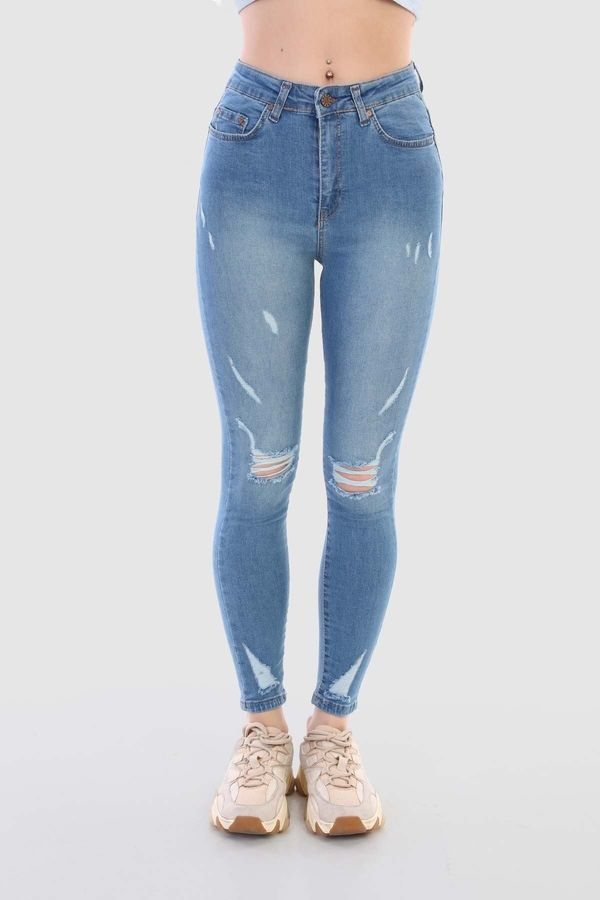 BİKELİFE BİKELİFE Blue Laser Patterned High Waist Lycra Denim Pants