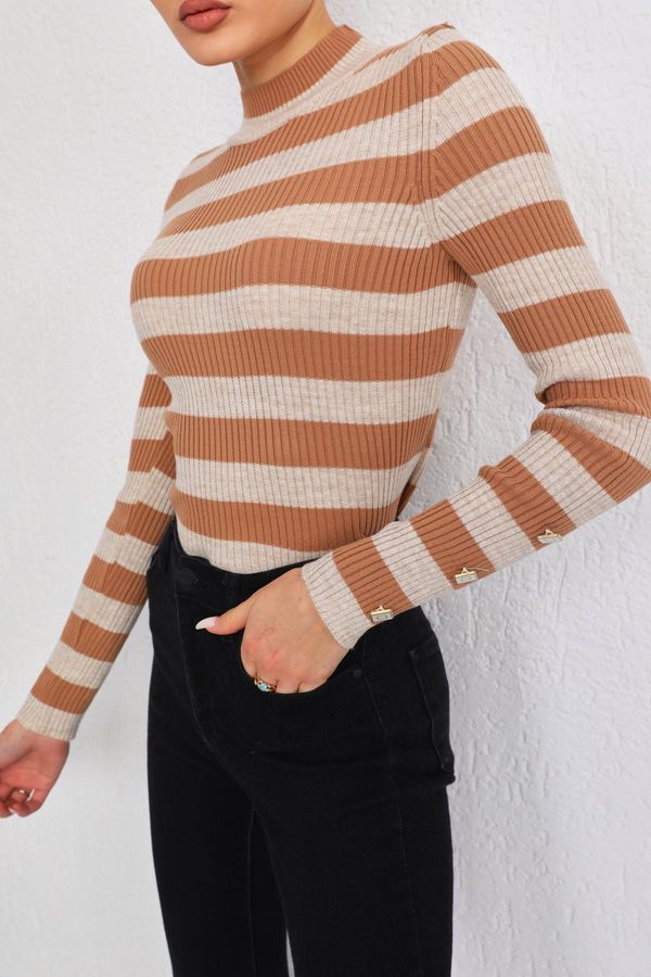 BİKELİFE BİKELİFE Brown Striped Button Detailed Knitwear Sweater