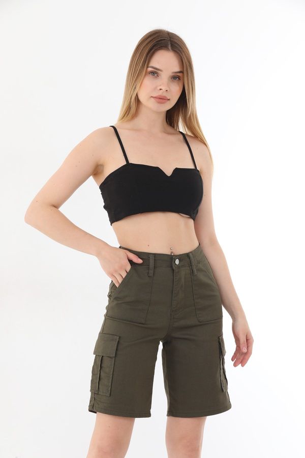 BİKELİFE BİKELİFE High Waist Stretchy Bermuda Shorts with Cargo Pocket