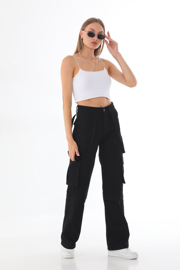 BİKELİFE BİKELİFE Women's Black High Waist Multi-Pocket Strap Detail Straight Fit Cargo Pants