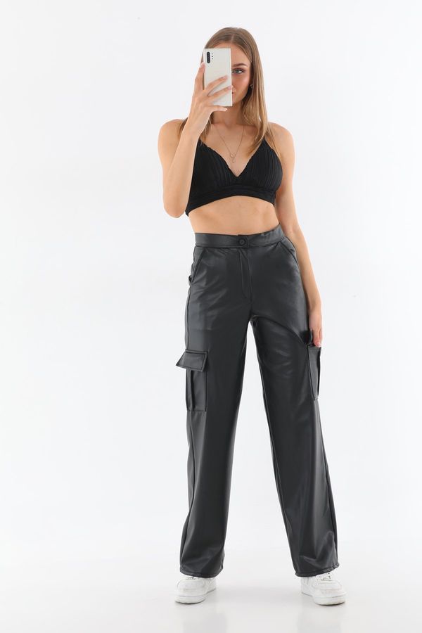 BİKELİFE BİKELİFE Women's Black Leather High Waist Wide Leg Cargo Pants