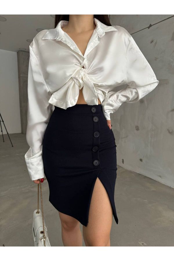 BİKELİFE BİKELİFE Women's Navy Blue High Waist Button Detailed Lycra Flexible Skirt