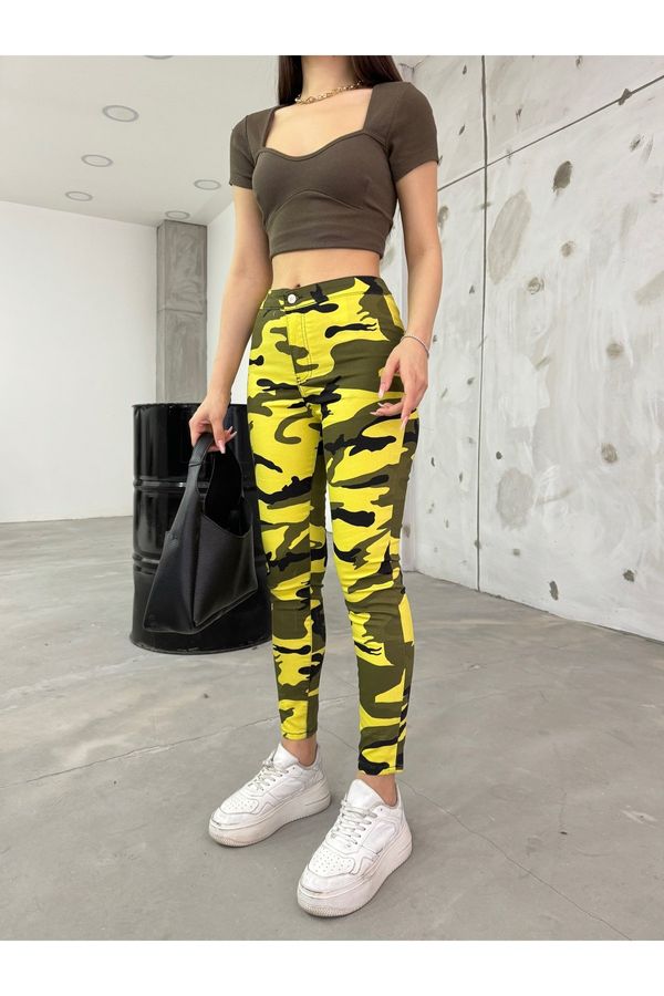 BİKELİFE BİKELİFE Yellow Camouflage Pattern Gabardine Leggings Trousers