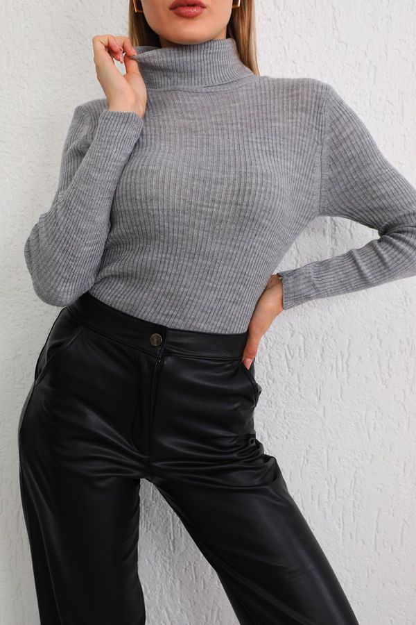 BİKELİFE BİKELİFE Ženski sivi lycra fleksibilen pulover za pletenine z želvjim vratom
