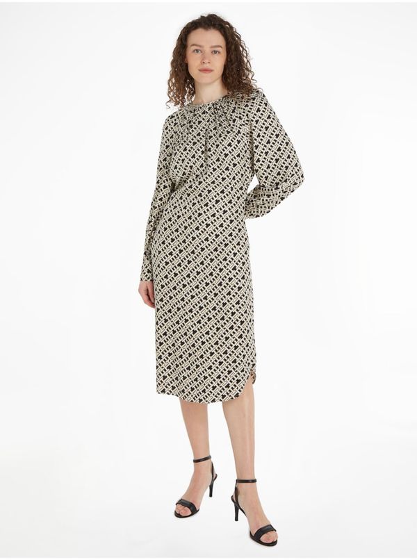 Tommy Hilfiger Black and Beige Women's Patterned Tommy Hilfiger Fluid Waisted Mididress - Women