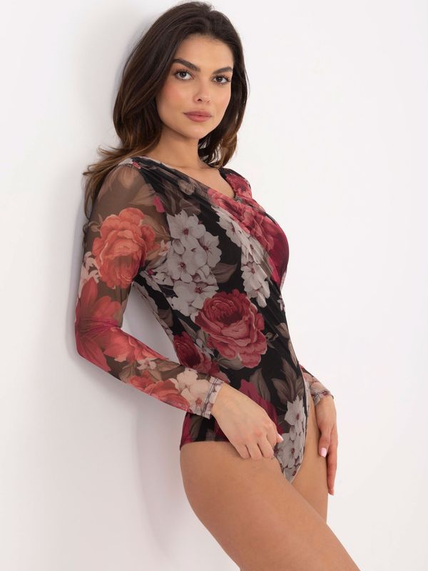 Fashionhunters Black and pink draped floral bodysuit