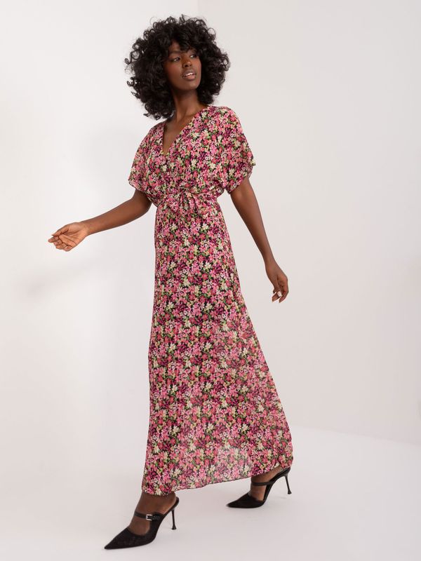 Fashionhunters Black and pink long women's dress with floral patterns