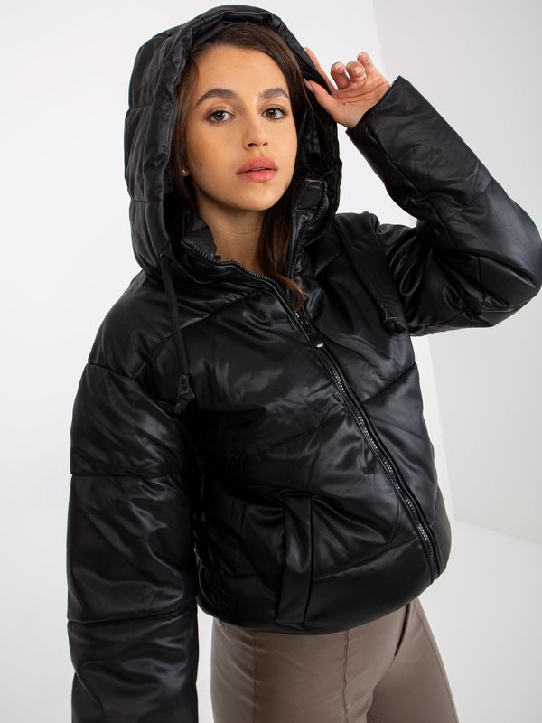 Fashionhunters Black down jacket made of eco-leather with hood