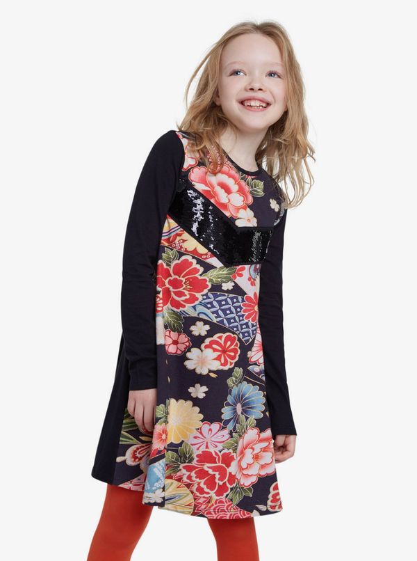 DESIGUAL Black Girls Dress with Colorful Motifs Desigual Vest Minatitlán - Girls
