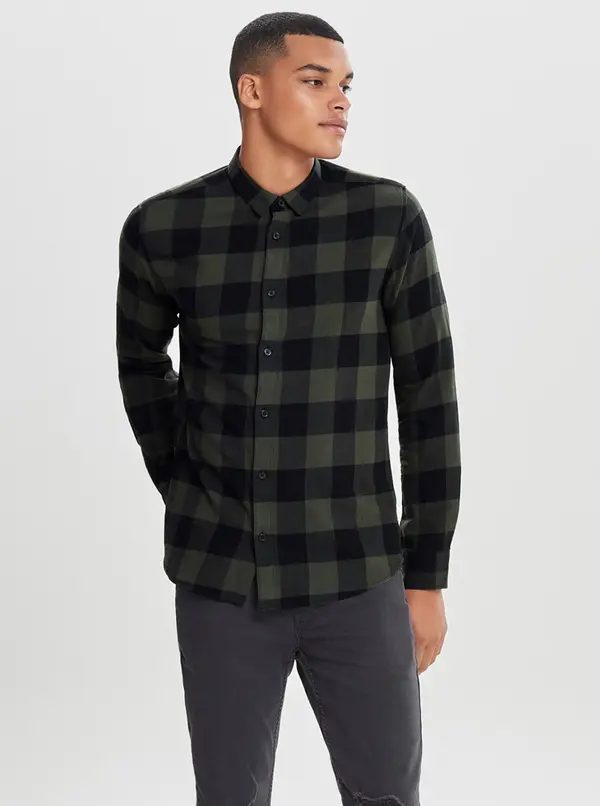 Only Black-green plaid slim long sleeve shirt ONLY & SONS Gudmund