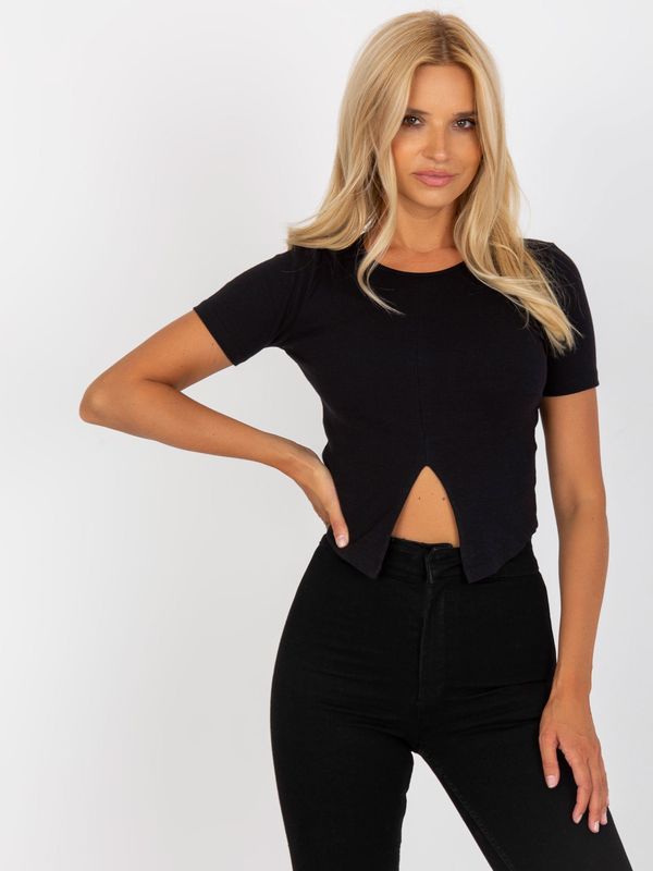 Fashionhunters Black ribbed short sleeve top by RUE PARIS