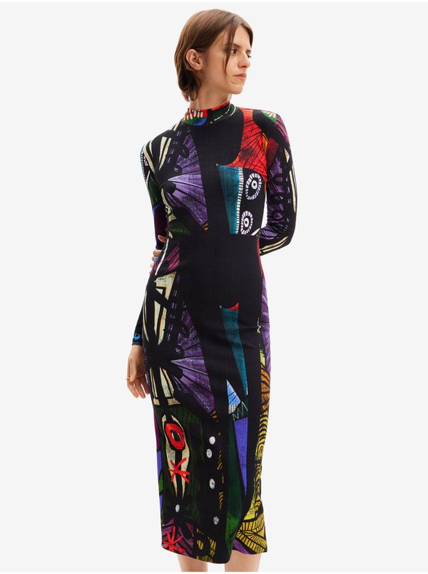 DESIGUAL Black women's patterned knit midi dress Desigual Malaga Lacroix