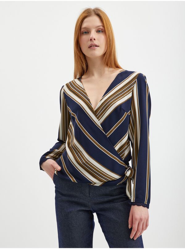 CAMAIEU Blue and Beige Ladies Wrap Blouse CAMAIEU - Women