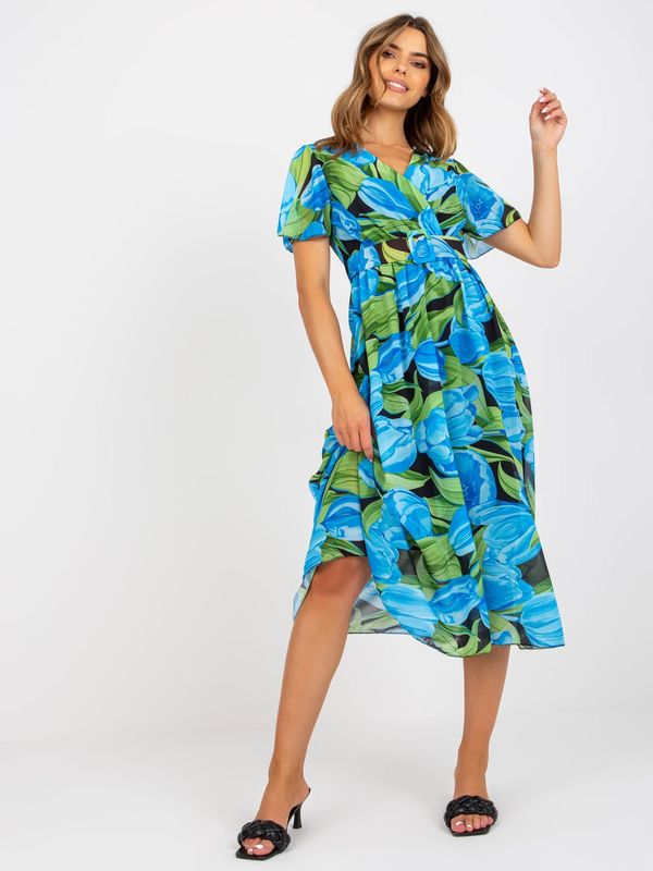 Fashionhunters Blue and black patterned midi dress with belt