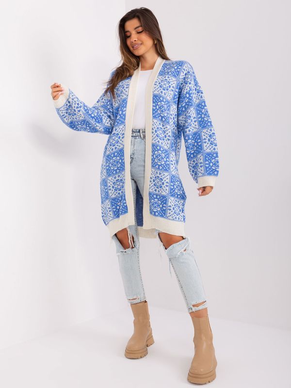 Fashionhunters Blue and ecru women's cardigan with patterns