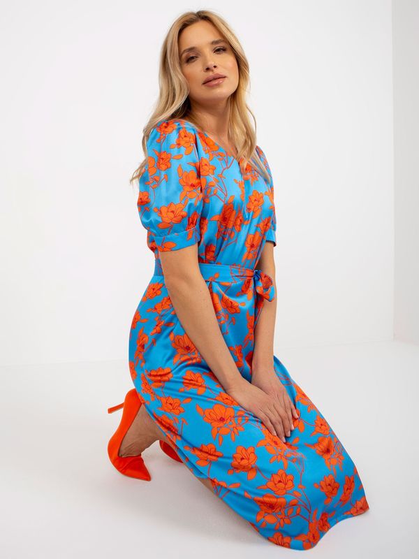 Fashionhunters Blue and orange midi cocktail dress with belt