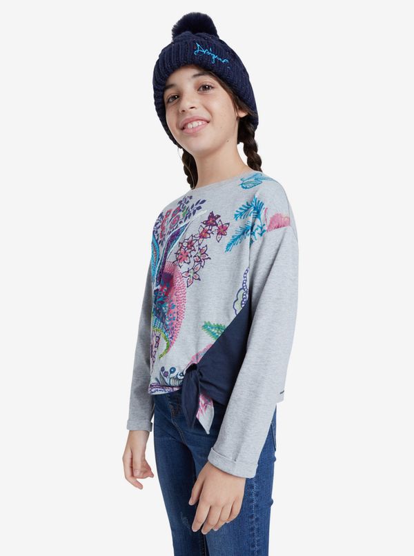 DESIGUAL Blue-gray patterned girl's t-shirt with tie Desigual Edimburg - Girls