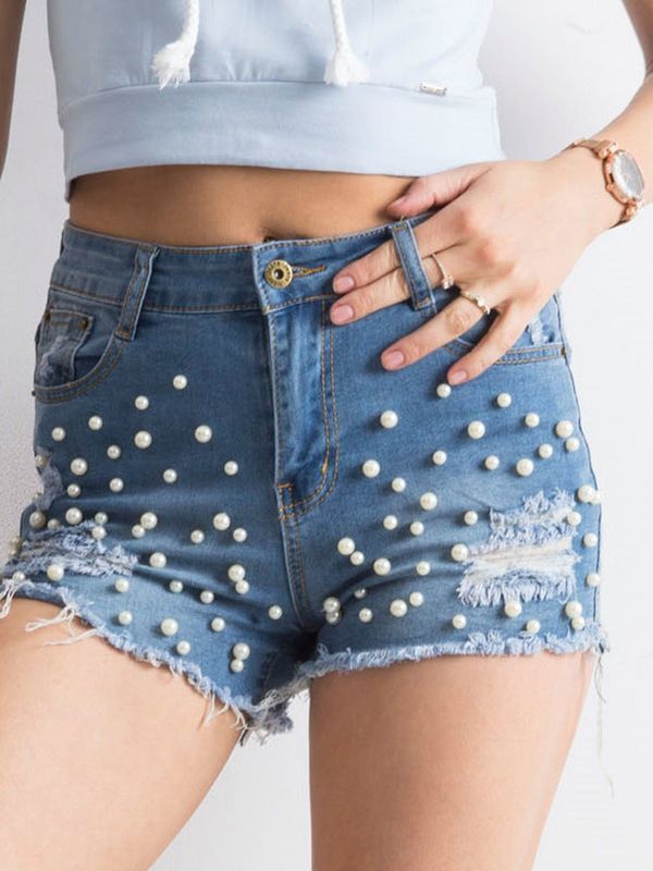 Fashionhunters Blue jean shorts with pearls