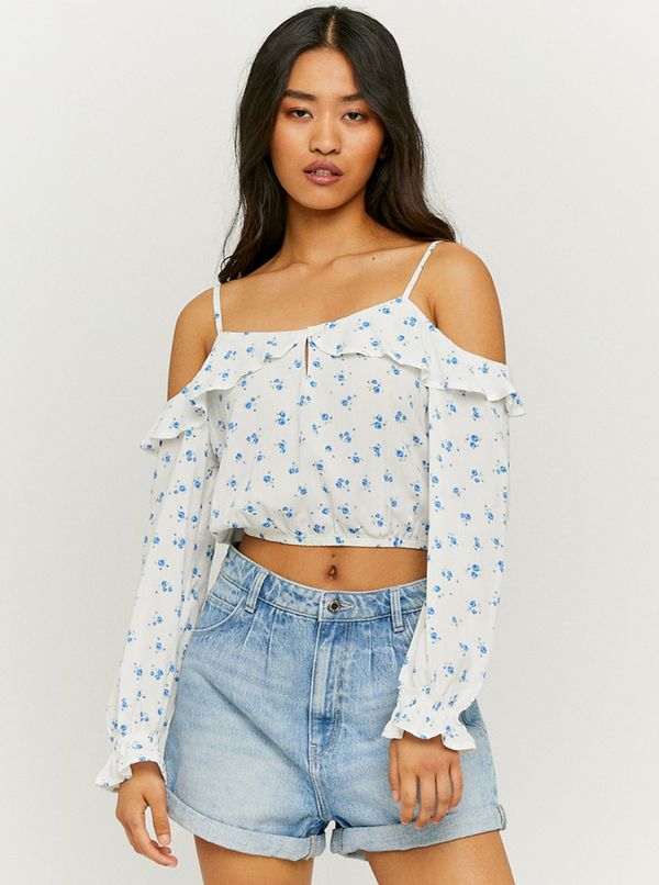 TALLY WEiJL Blue-white floral short blouse with ruffles TALLY WEiJL - Women