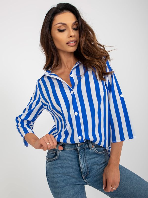 Fashionhunters Blue-white shirt blouse with 3/4 sleeves