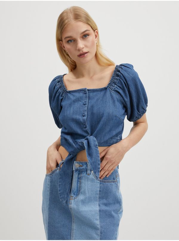 Pieces Blue Women's Denim Crop Top Pieces Tinka - Women's