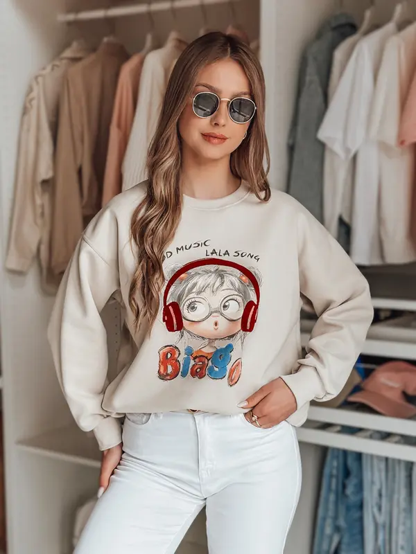 DStreet Bluza damska oversize z nadrukiem LALA VIBE beżowa Dstreet