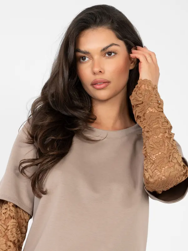 Factory Price Bluza s čipkastimi rokavi, temno bež