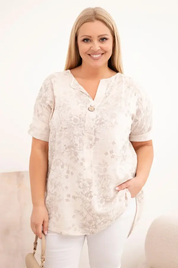 Kesi Włoski Bombažna bluza plus velikosti s kratkimi rokavi, bež