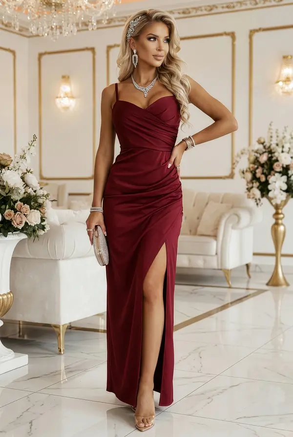 numoco basic Bordo dolga obleka z razporkom
