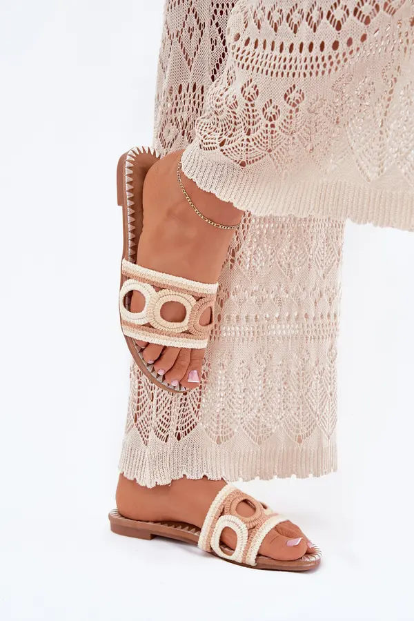 Boto Boto Crocheted women's slippers on a flat heel beige Nirina