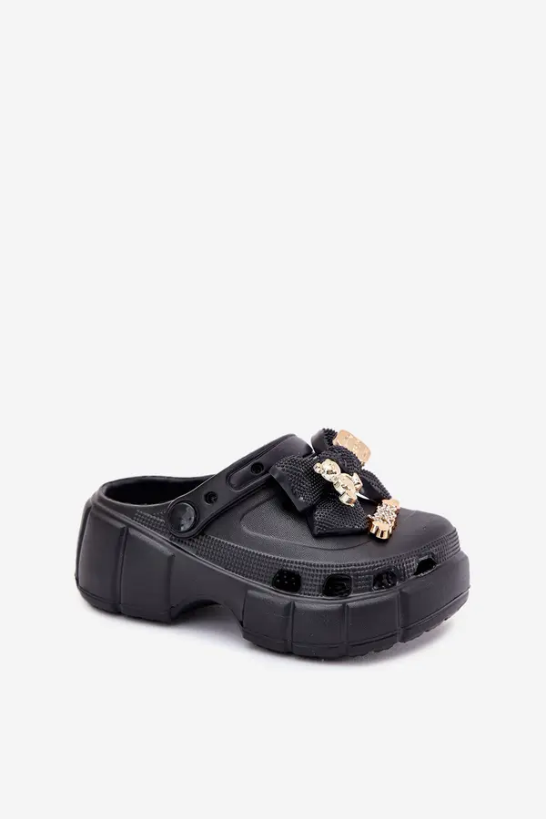 Boto Boto Girls Foam Slippers With Bow And Decorations Black Selvana