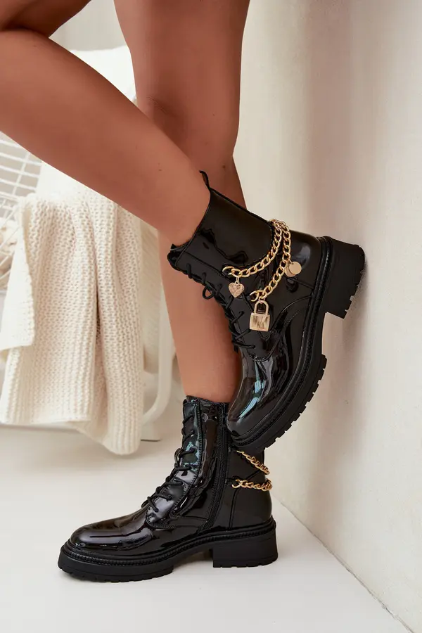 Boto Boto Lacquered Ankle Boots Workers Women's With Golden Chain Insulated Black Sarinae
