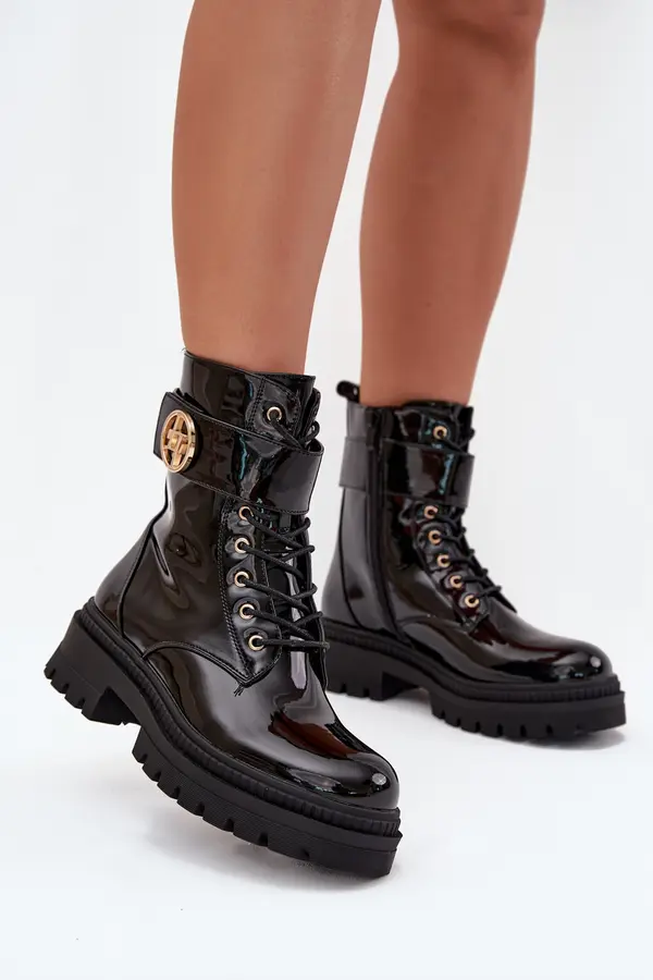 Boto Boto Lacquered ankle boots workers women's with golden detail insulated black Fiorena