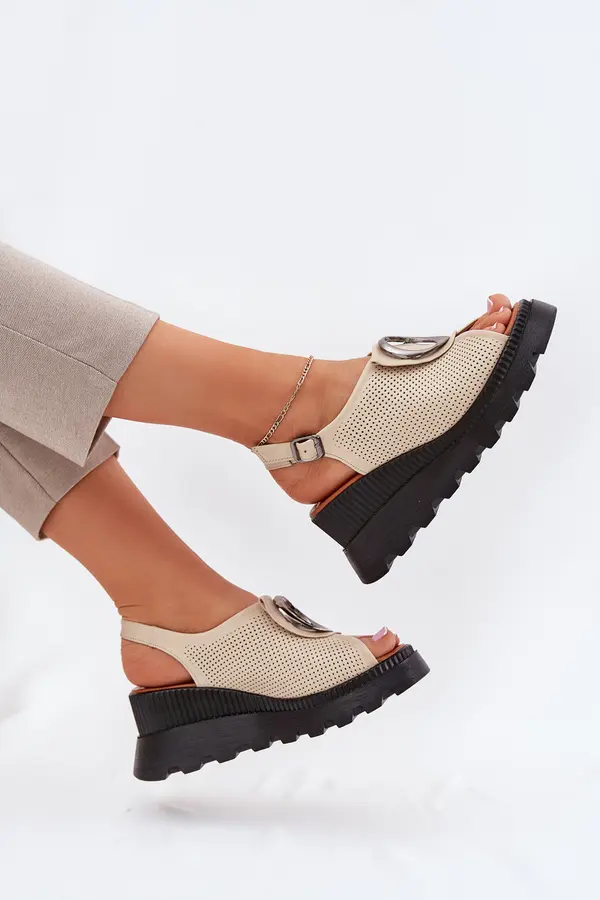 Boto Boto Ladies Leather Wedge Sandals With Decoration Beige Artiker