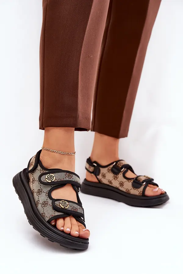 Boto Boto Ladies Patterned Fabric Sandals With Golden Details Beige-Black Pefese