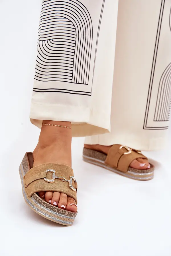 Boto Boto Ladies Platform Slippers With Golden Decoration And Glitter Camel Morisela