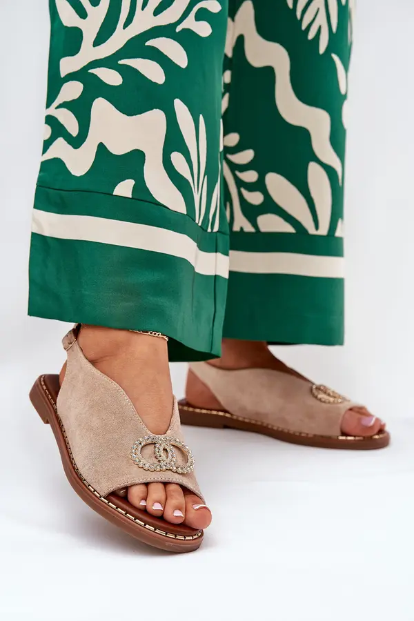 Boto Boto Ladies Sandals With Decoration On Flat Heel Eco Suede Beige Ralisses